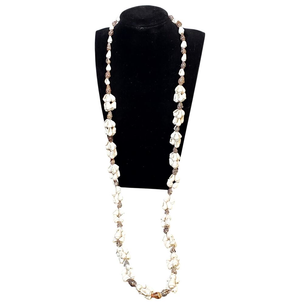Hilo Hatties Necklace Cowrie Shell Bead Cluster Dividers Strand 16" Vtg Bohemian
